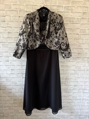 R&M Richards Black and Silver Embroidered Midi Dress with jacket